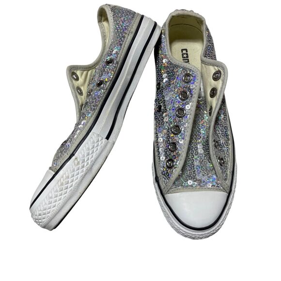 Converse Shoes - Converse Womens 7.5 Sequined All Star Silver Grey Tennis Shoes No Laces